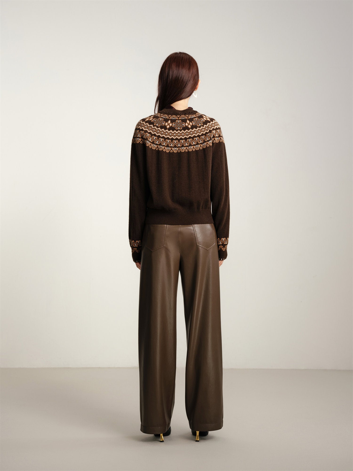 Coffee Yak Wool Ethnic Jacquard Pullover Sweater | Brown