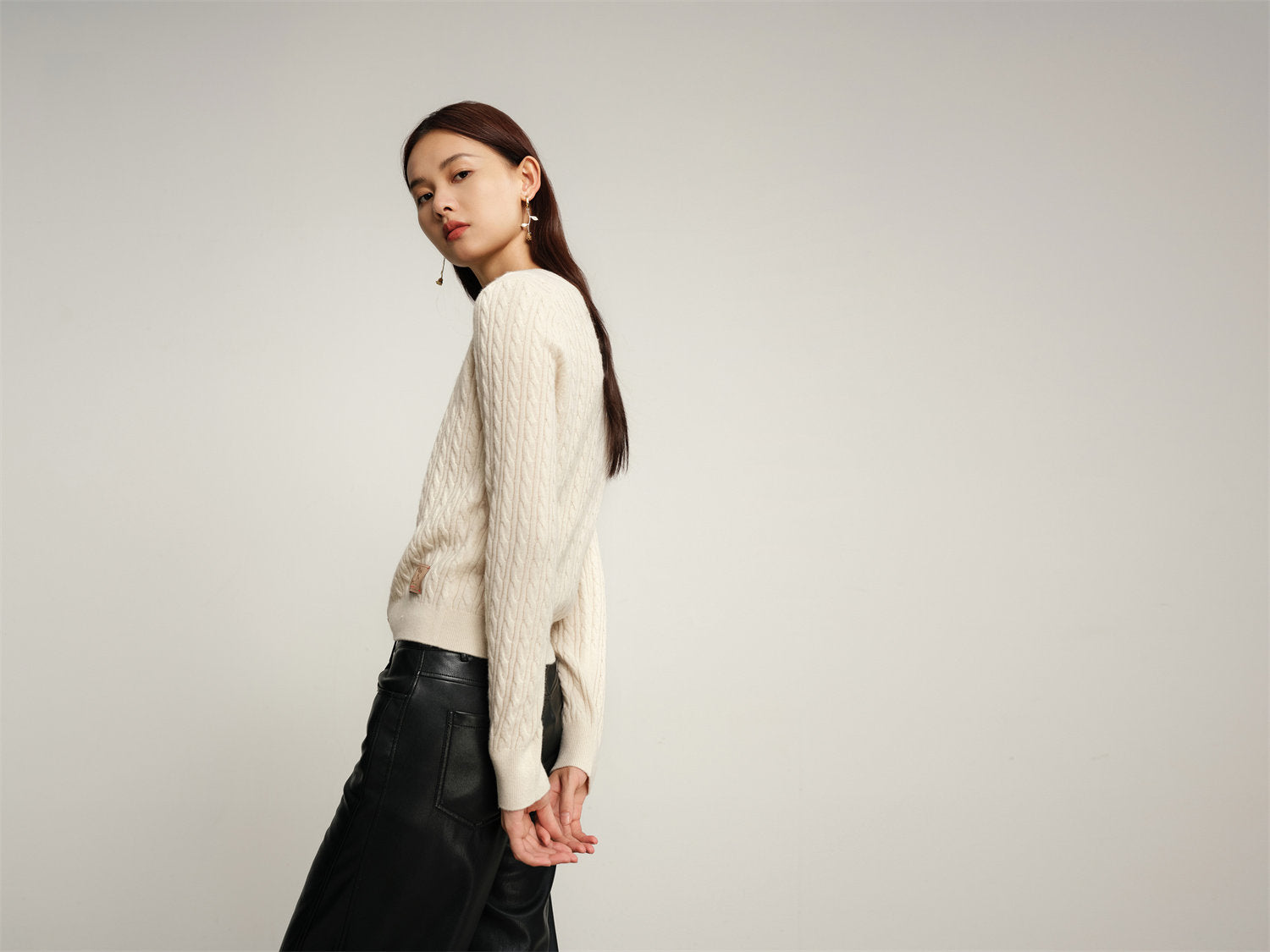 Twisted Cable Knit Round Neck Cardigan | Beige
