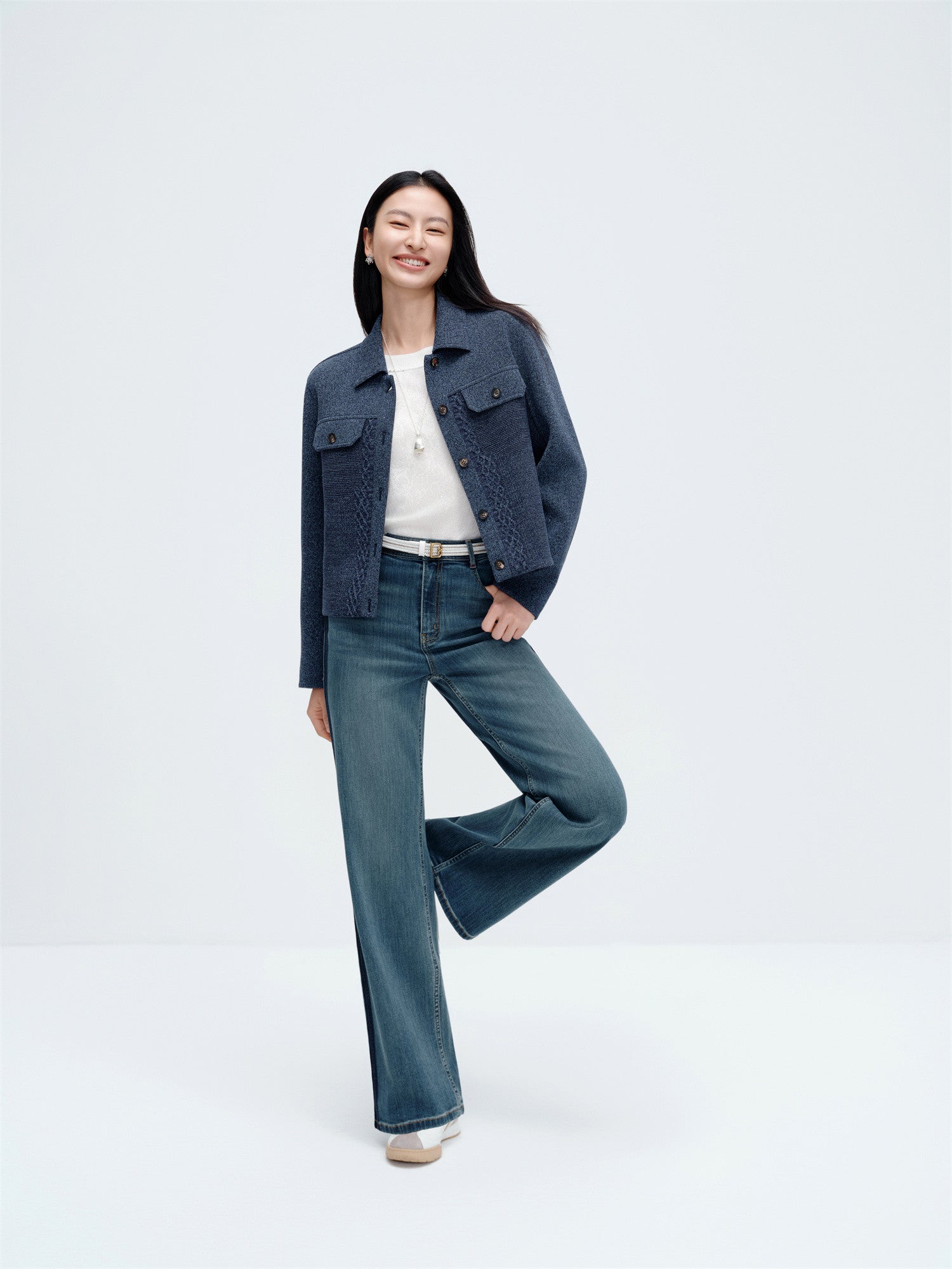 Knit Denim-Look Jacket | Navy