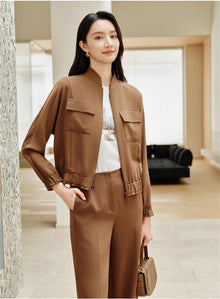 Silk Stand Collar Jacket | Brown