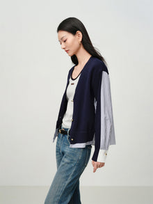 Knitted and Woven Patchwork Top | Navy