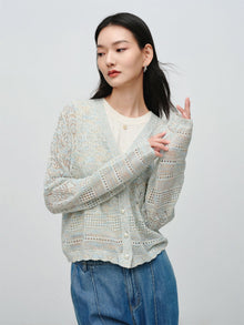 Hollow Fitted Knit Cardigan | Blue