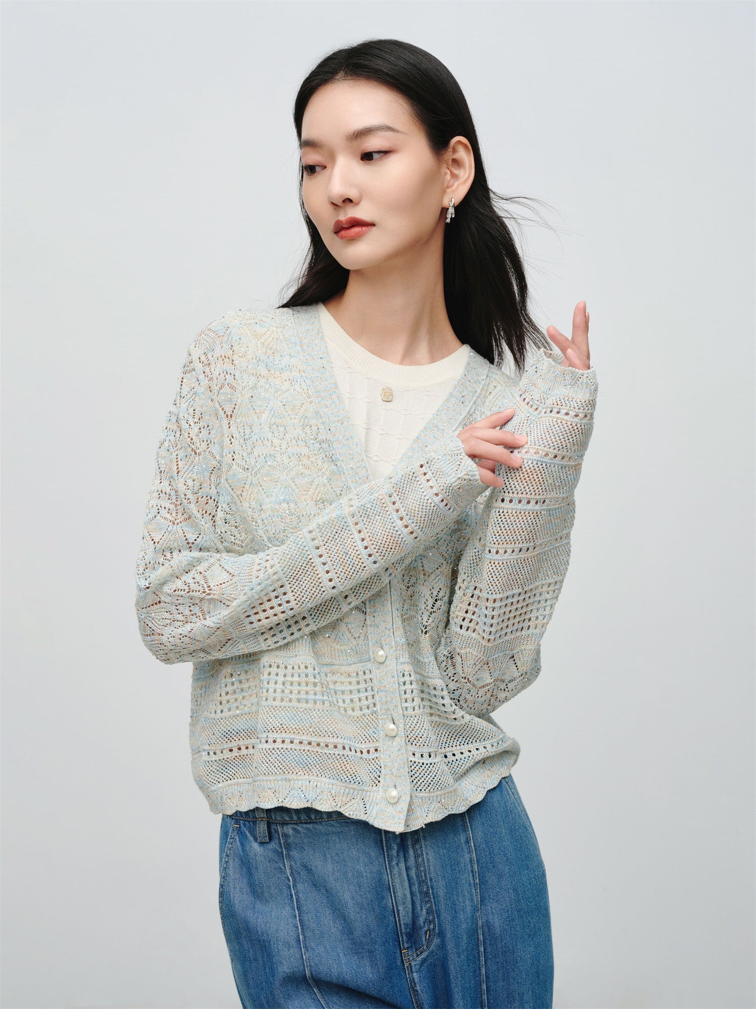 Hollow Fitted Knit Cardigan | Blue