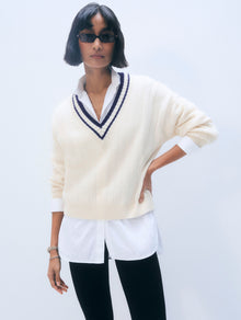 Cashmere Varsity V Neck | Soft White/Navy