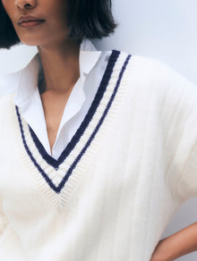 Cashmere Varsity V Neck | Soft White/Navy