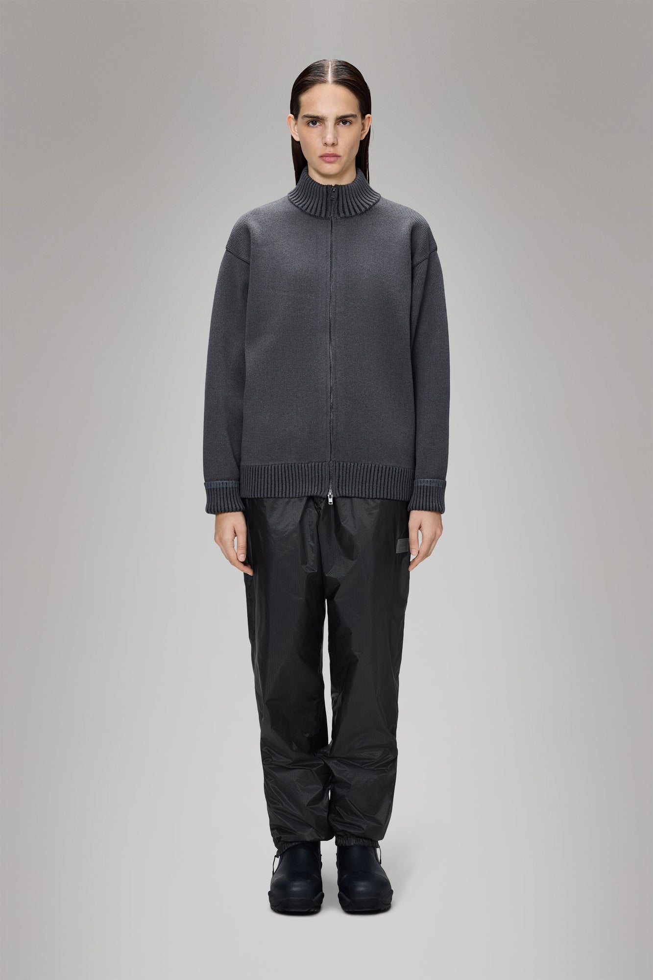 RAINS Sowa Knit Zip Cardigan Grey/Black Long Sleeve