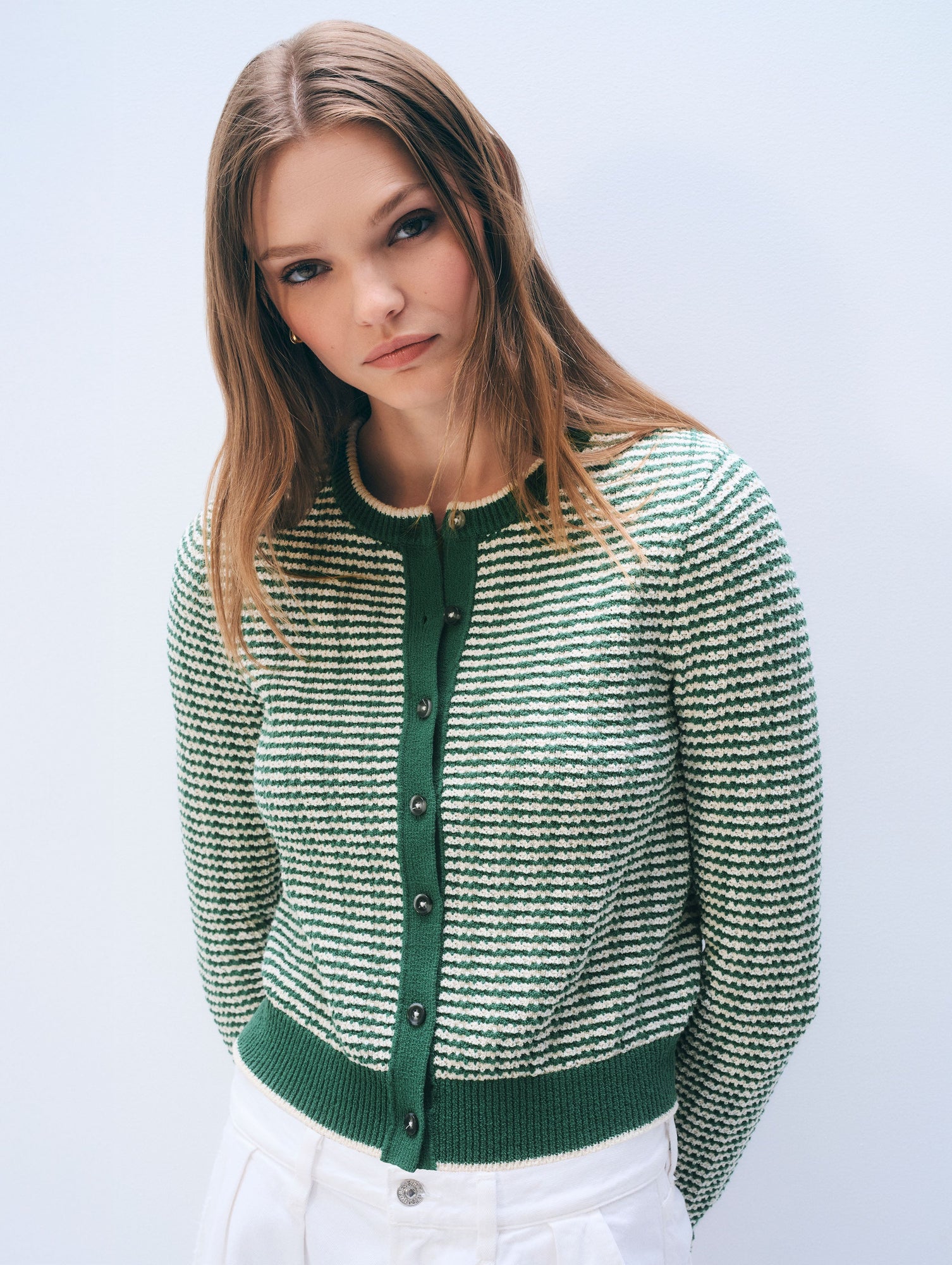 Boucle Cardigan | Ivy Green/Ivory Stripe