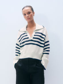 Varsity Cotton Striped Polo | Ivory/Navy