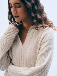 Cashmere Cable Long Sleeve Polo | Natural Heather