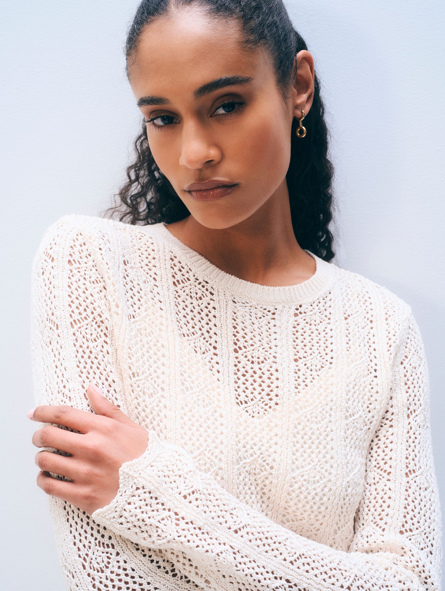 Cotton Crochet Crewneck | Cream