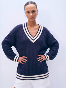 Varsity Cotton V Neck | Navy/Ivory