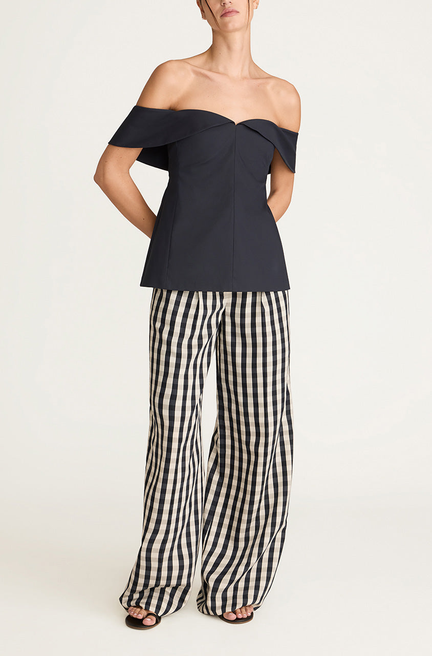 Cotton Sateen Draped Shoulder Top | Midnight