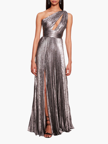 Metallic Lame Pleated Gown | Silver