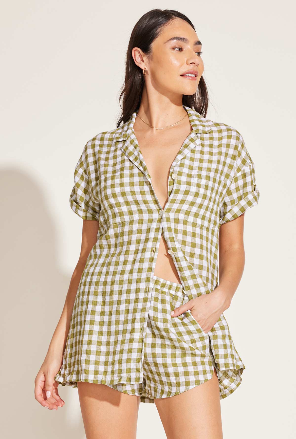 Playa Pocket Blouse | Avocado Gingham EcoLinen
