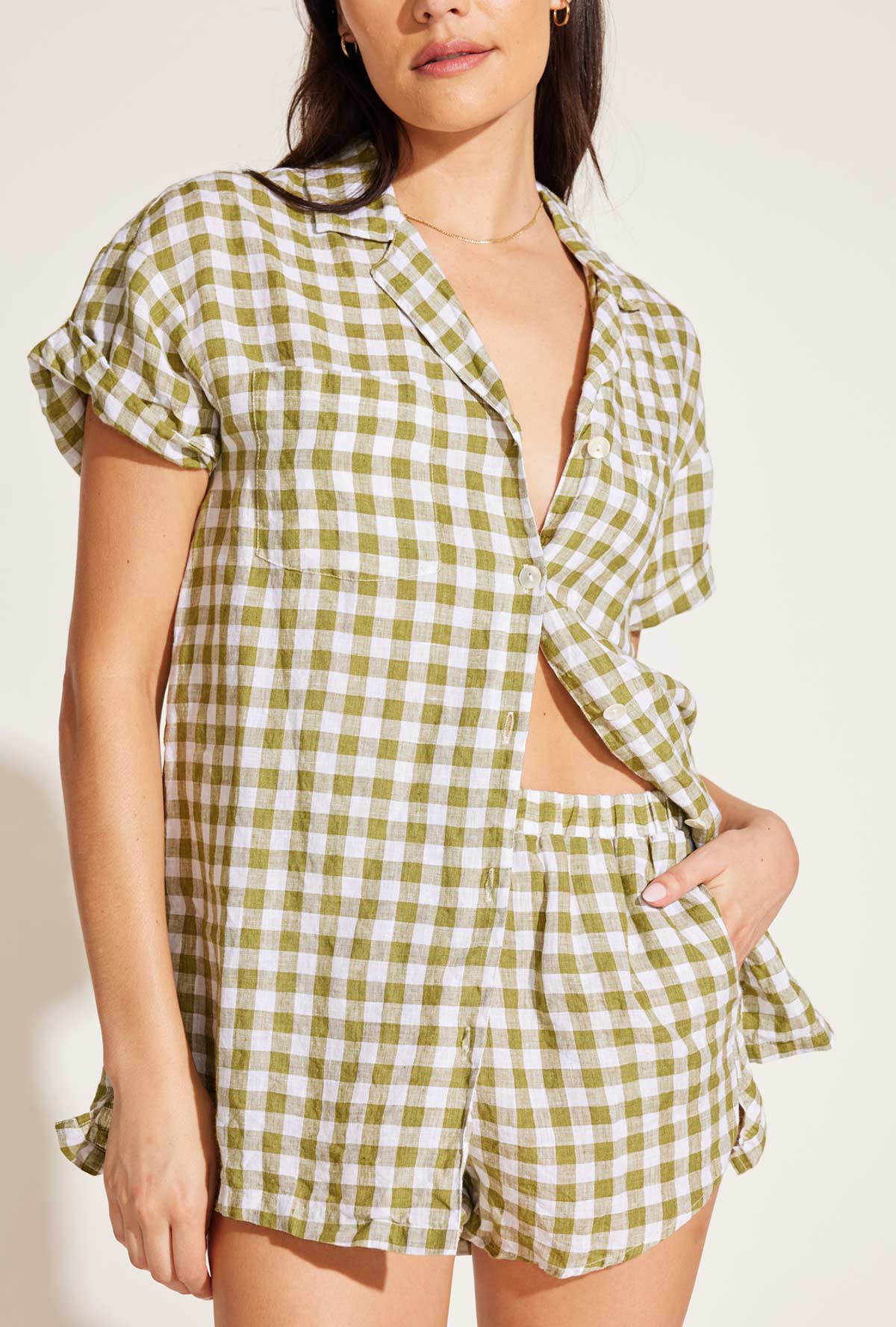 Playa Pocket Blouse | Avocado Gingham EcoLinen