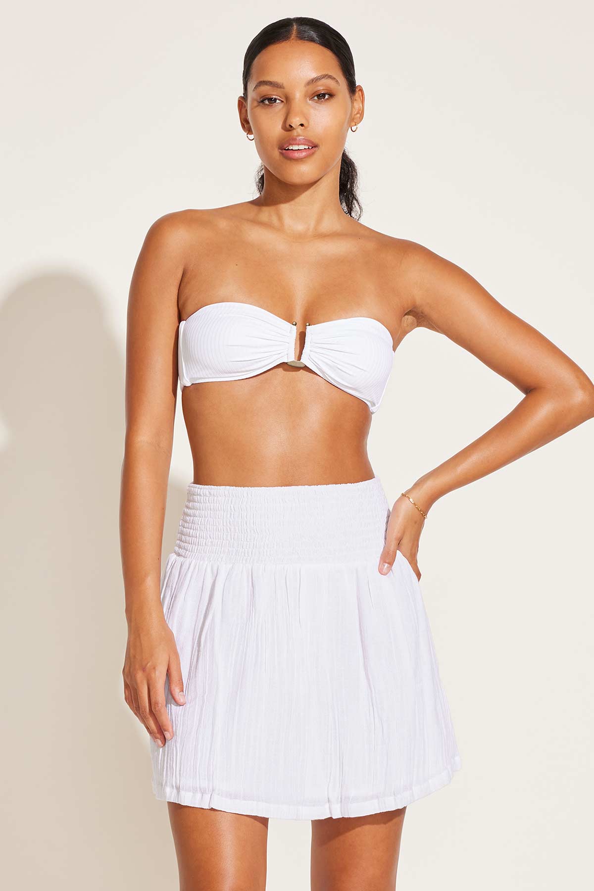 Costa Smocked Mini Skirt | White Crinkle Organic Cotton