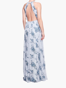 Carrara Floral Chiffon Key-Hole Halter Gown | Dusty Blue