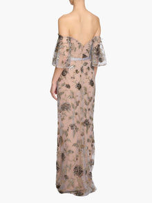 Illusion Murals Off The Shoulder Beaded Illusion Column Gown | Mixed Metals