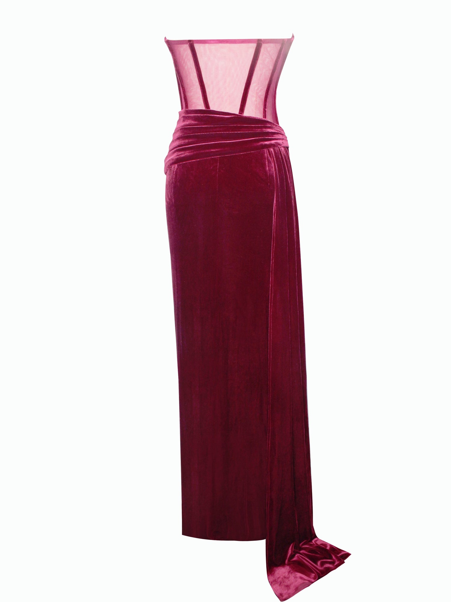 Octavia Draping Crystal Corset High Slit Velvet Gown | Burgundy