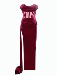 Octavia Draping Crystal Corset High Slit Velvet Gown | Burgundy