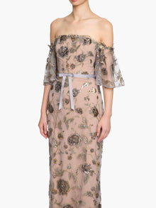 Illusion Murals Off The Shoulder Beaded Illusion Column Gown | Mixed Metals