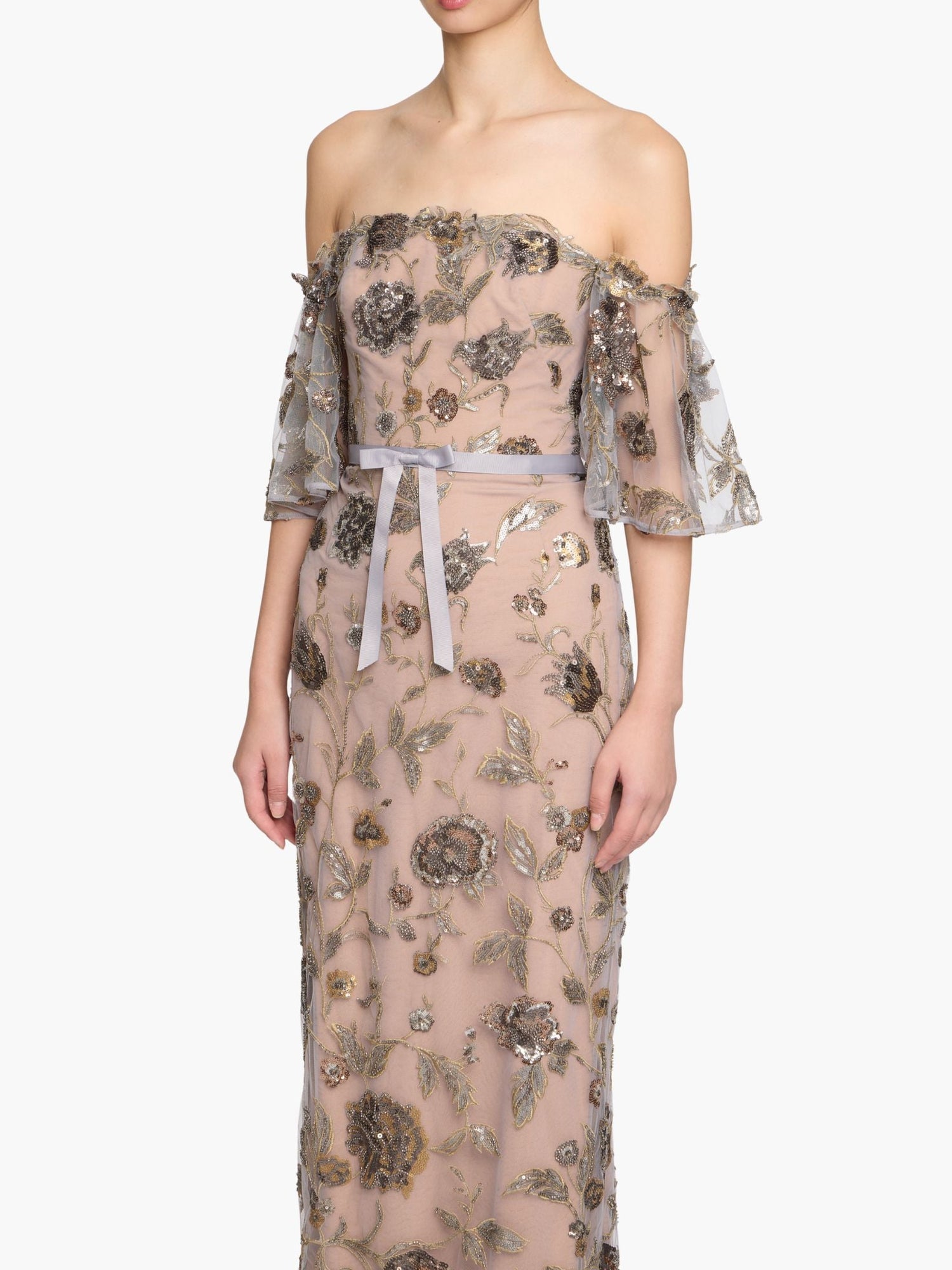 Illusion Murals Off The Shoulder Beaded Illusion Column Gown | Mixed Metals