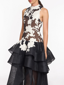 Leather Guipure High Neck Sleeveless Tiered Gown | Black/Ivory