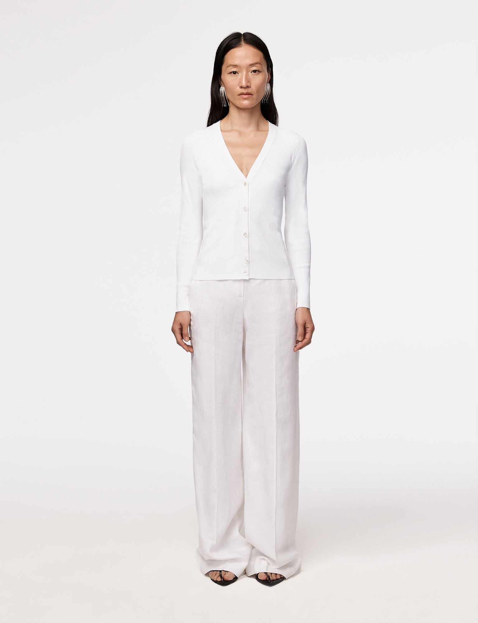 Another Tomorrow Ribbed Cardigan in White – Viscose Women's Knitwear