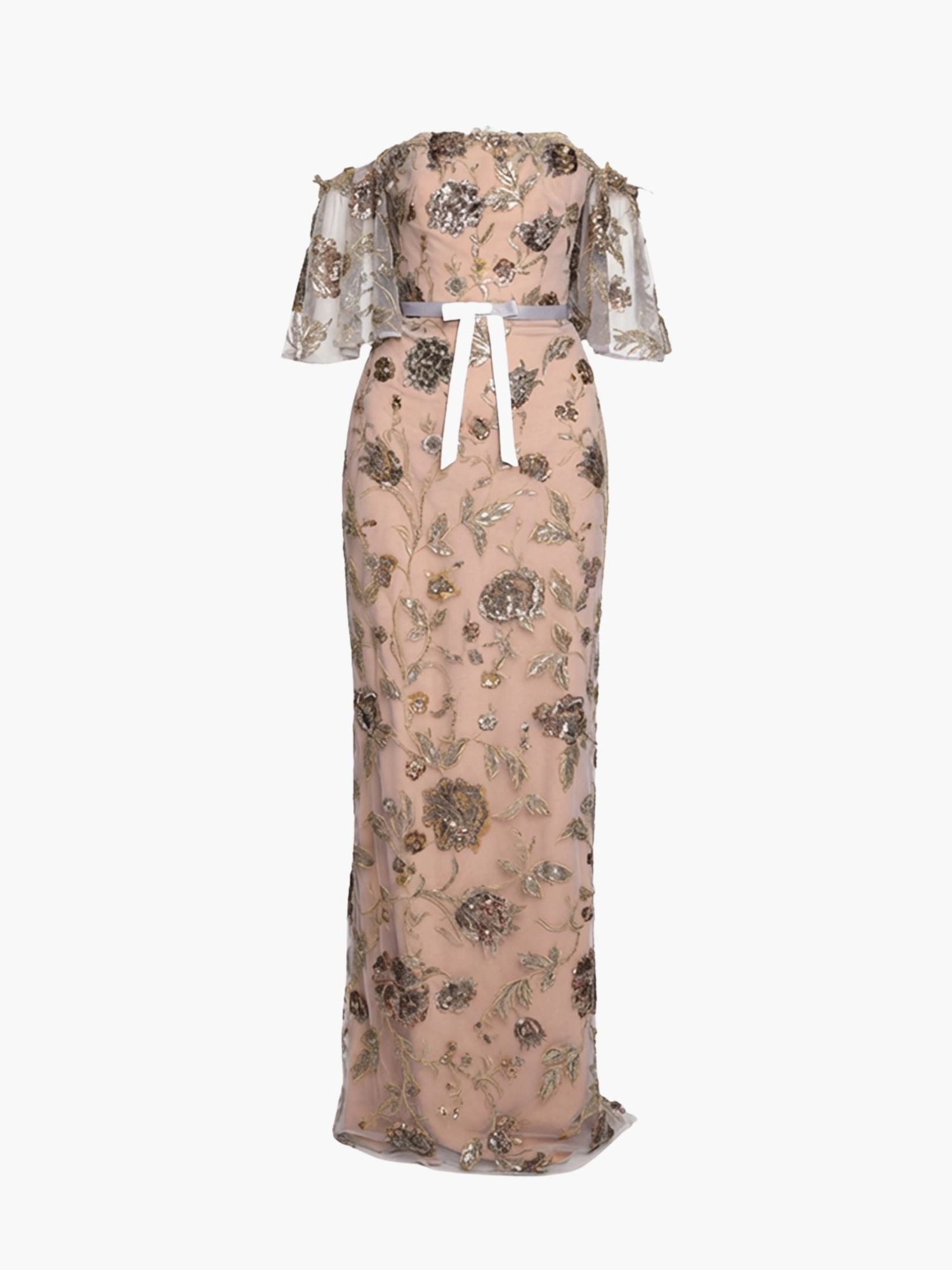 Illusion Murals Off The Shoulder Beaded Illusion Column Gown | Mixed Metals