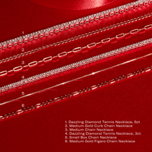Model. Various necklaces laid out on a red background with a key referencing the name