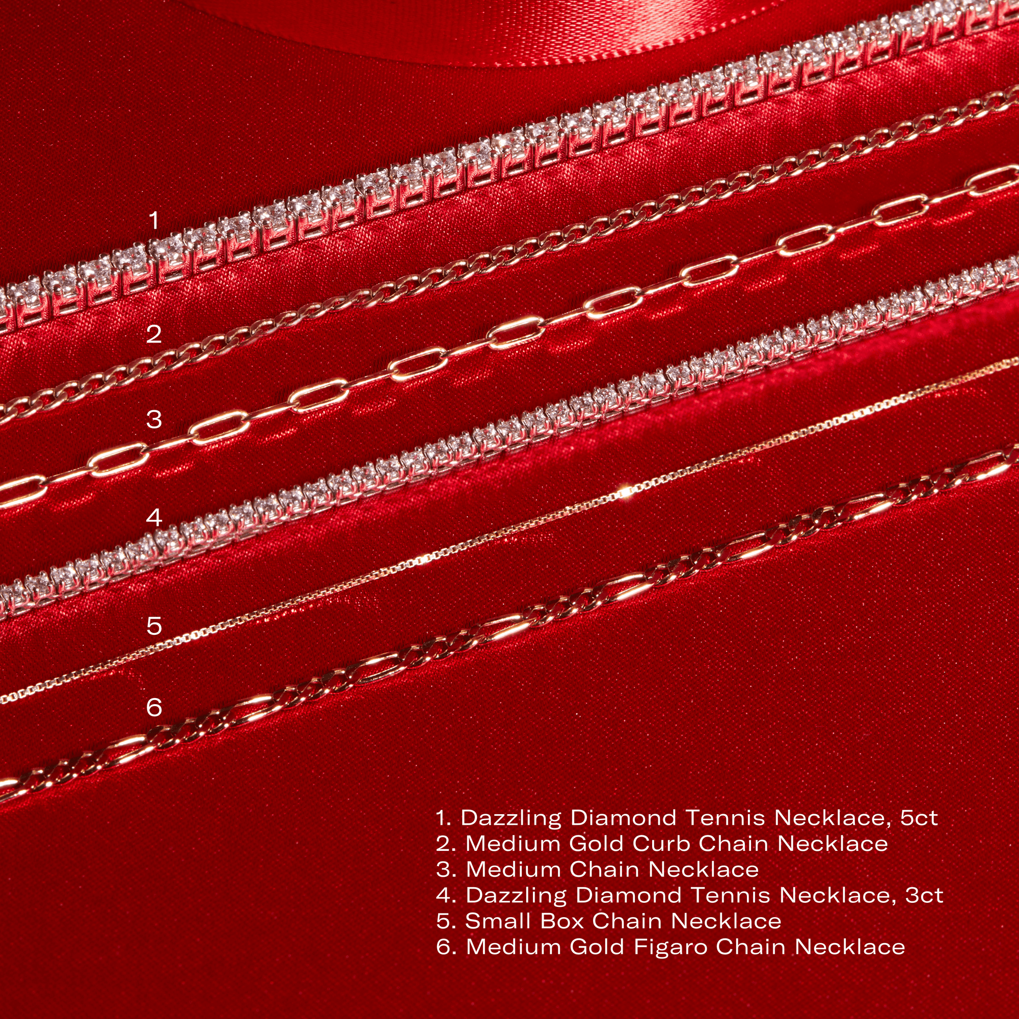 Model. Various necklaces laid out on a red background with a key referencing the name