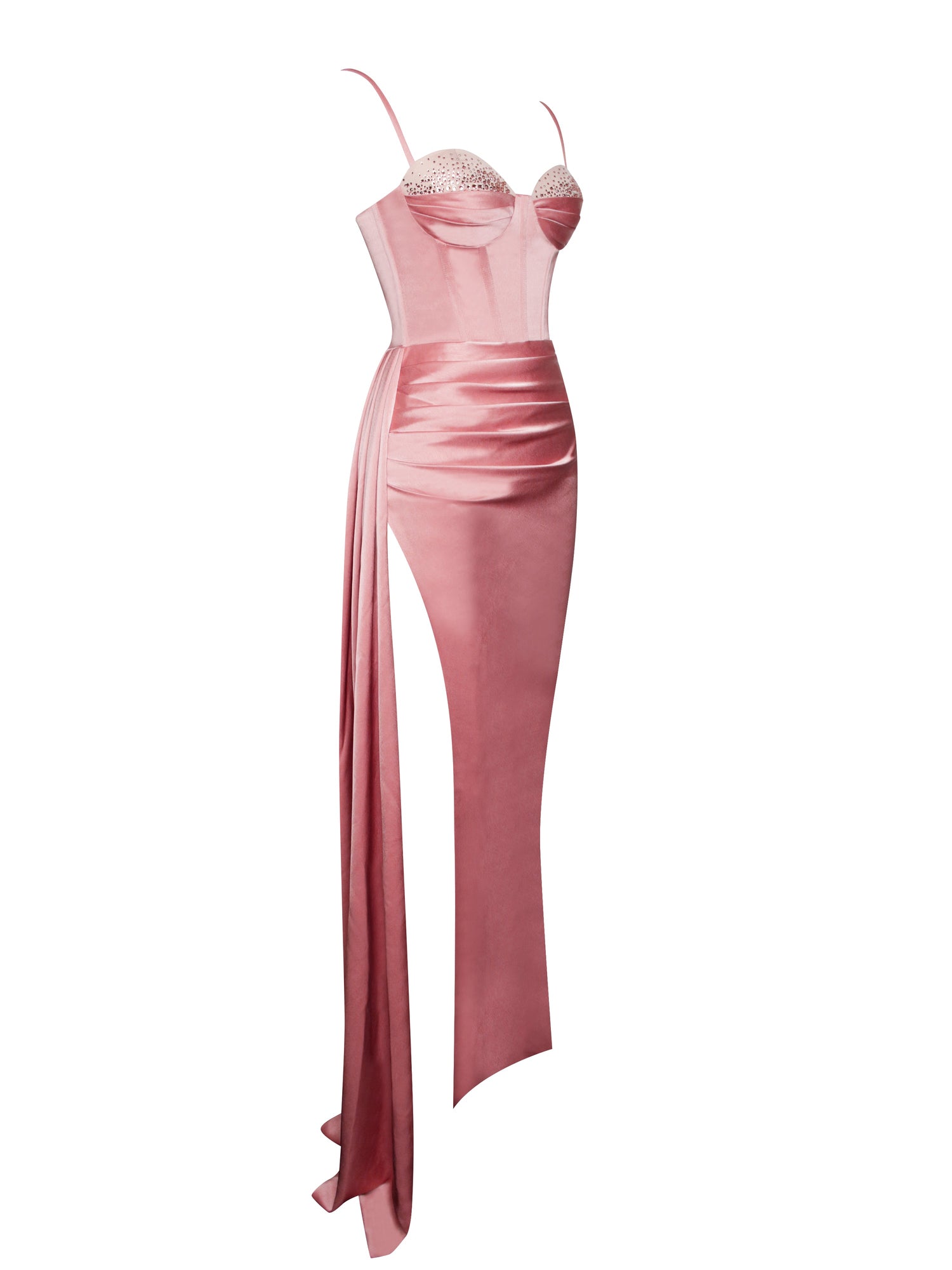 Vanity Satin High Slit Draping Corset Gown With Crystals | Blush Pink
