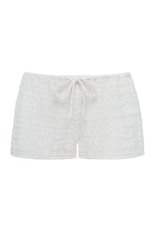 Light gray low-rise shorts with drawstring waist and textured fabric.