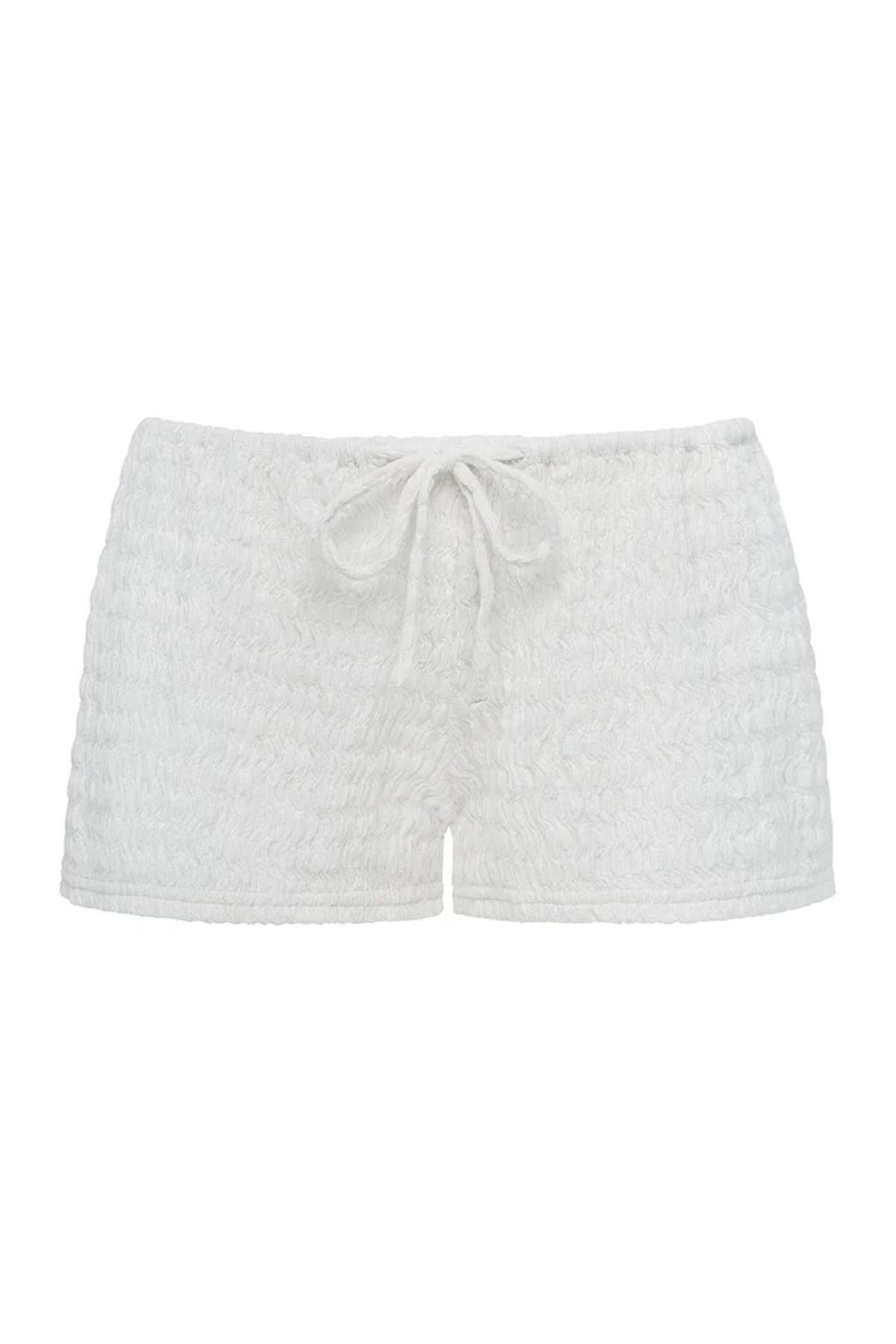 Light gray low-rise shorts with drawstring waist and textured fabric.