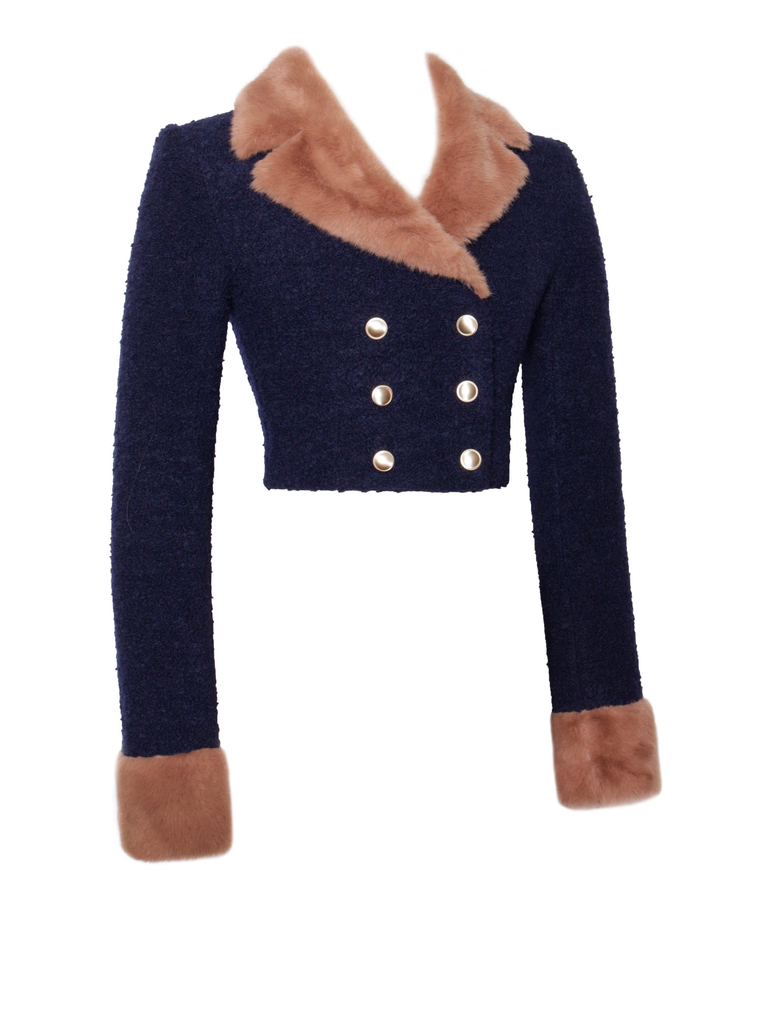 Wava Double Breast Fur Trim Cropped Boucle Wool Jacket | Navy Blue