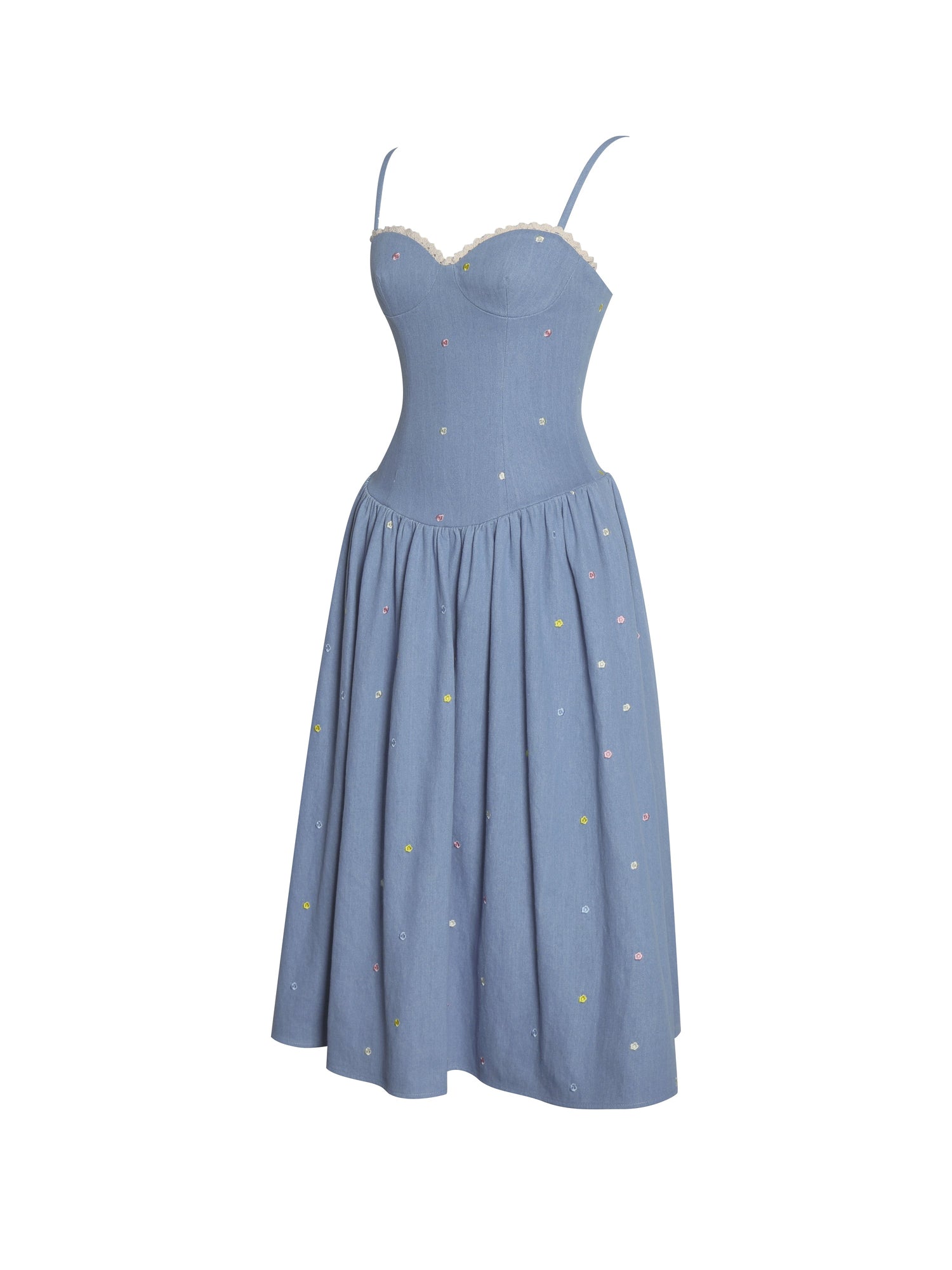 Zadie Cotton Denim Drop Waist Embroidery Flower Midi Dress | Blue