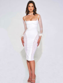 Oaklie Satin Mesh Sleeve Dress With Feathers | White