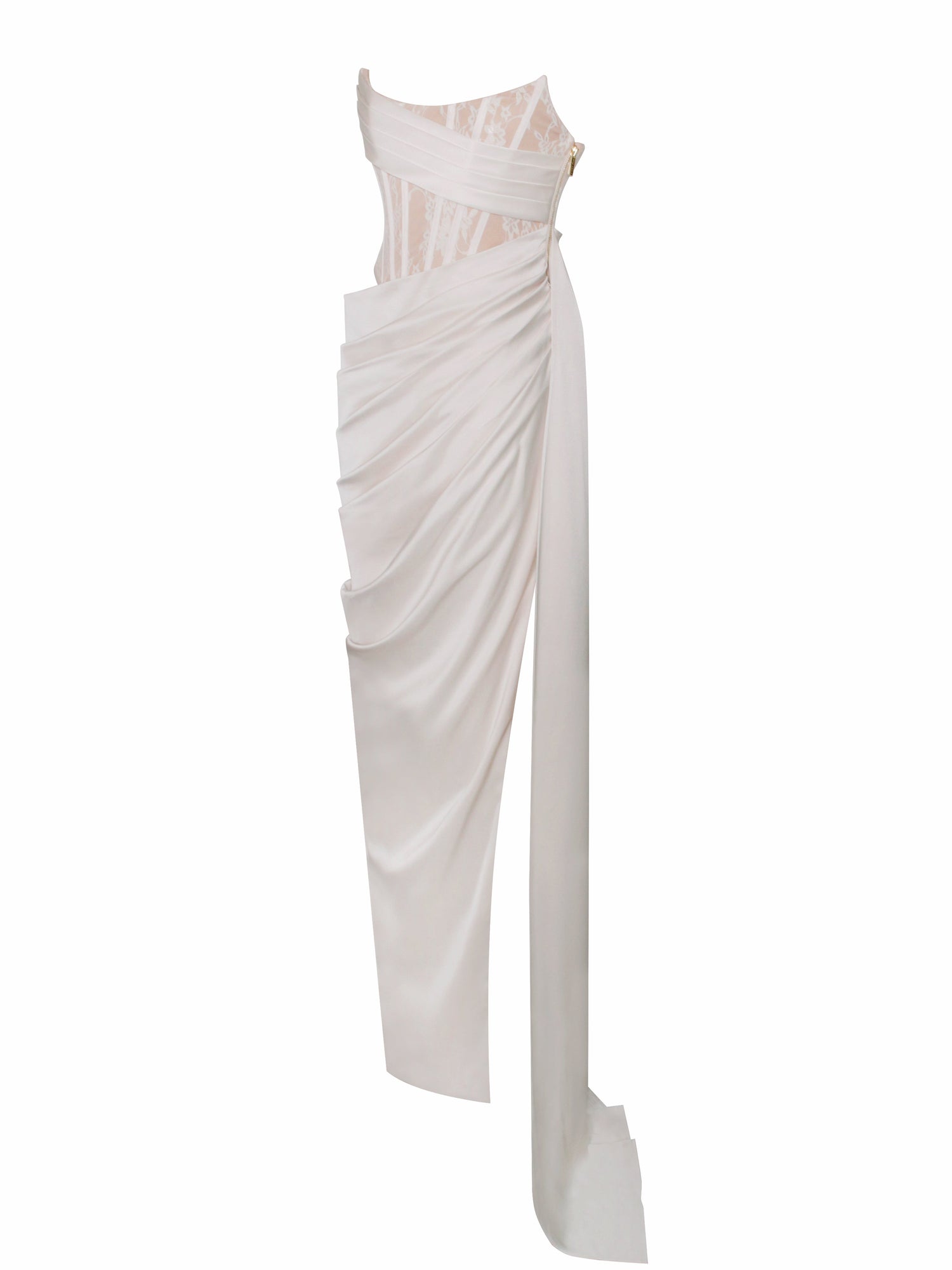 Callie Lace Satin Corset High Slit Gown | Pearl White