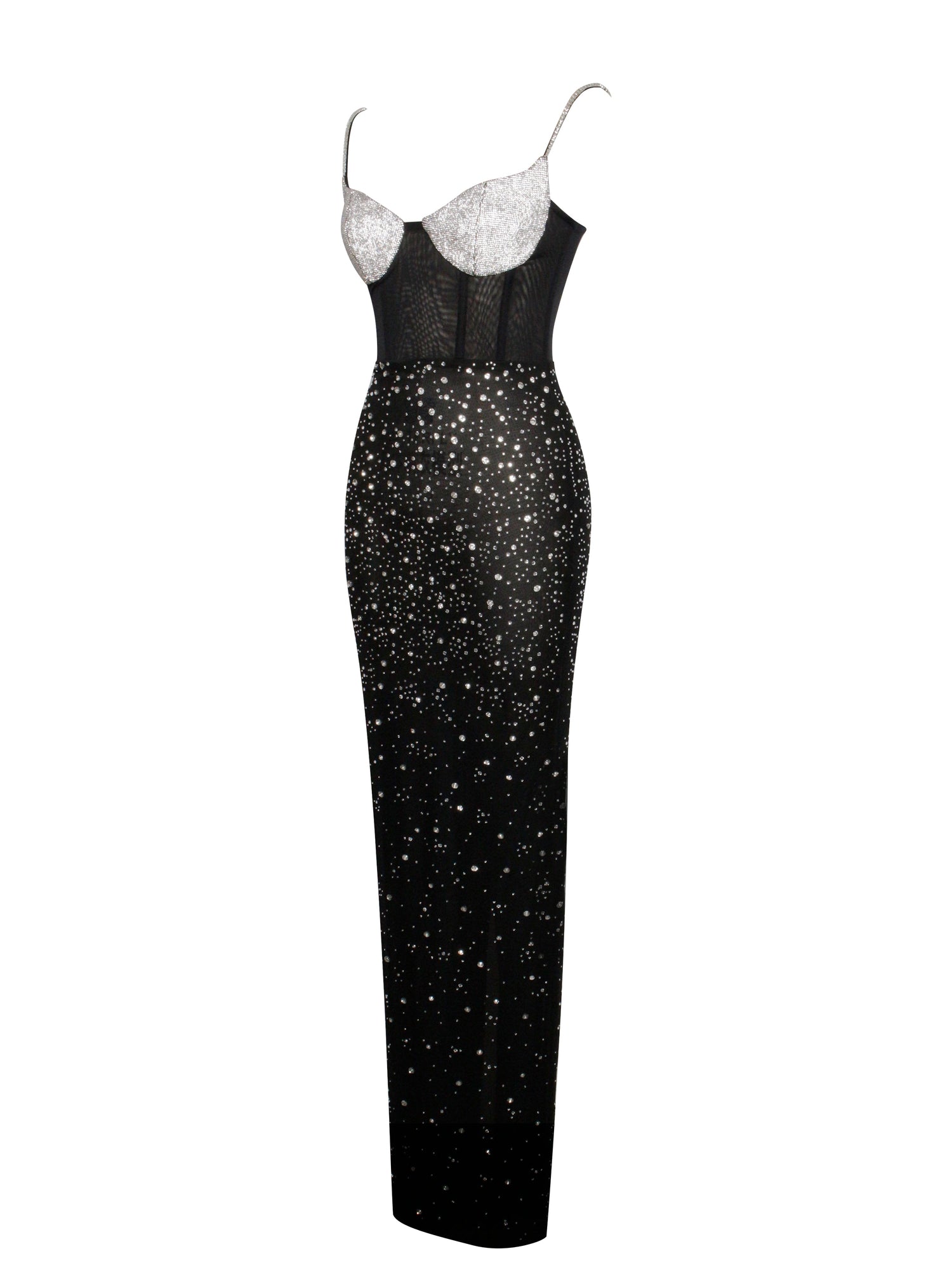 Jimena Crystal Embellished Back Slit Maxi Dress | Black/Silver