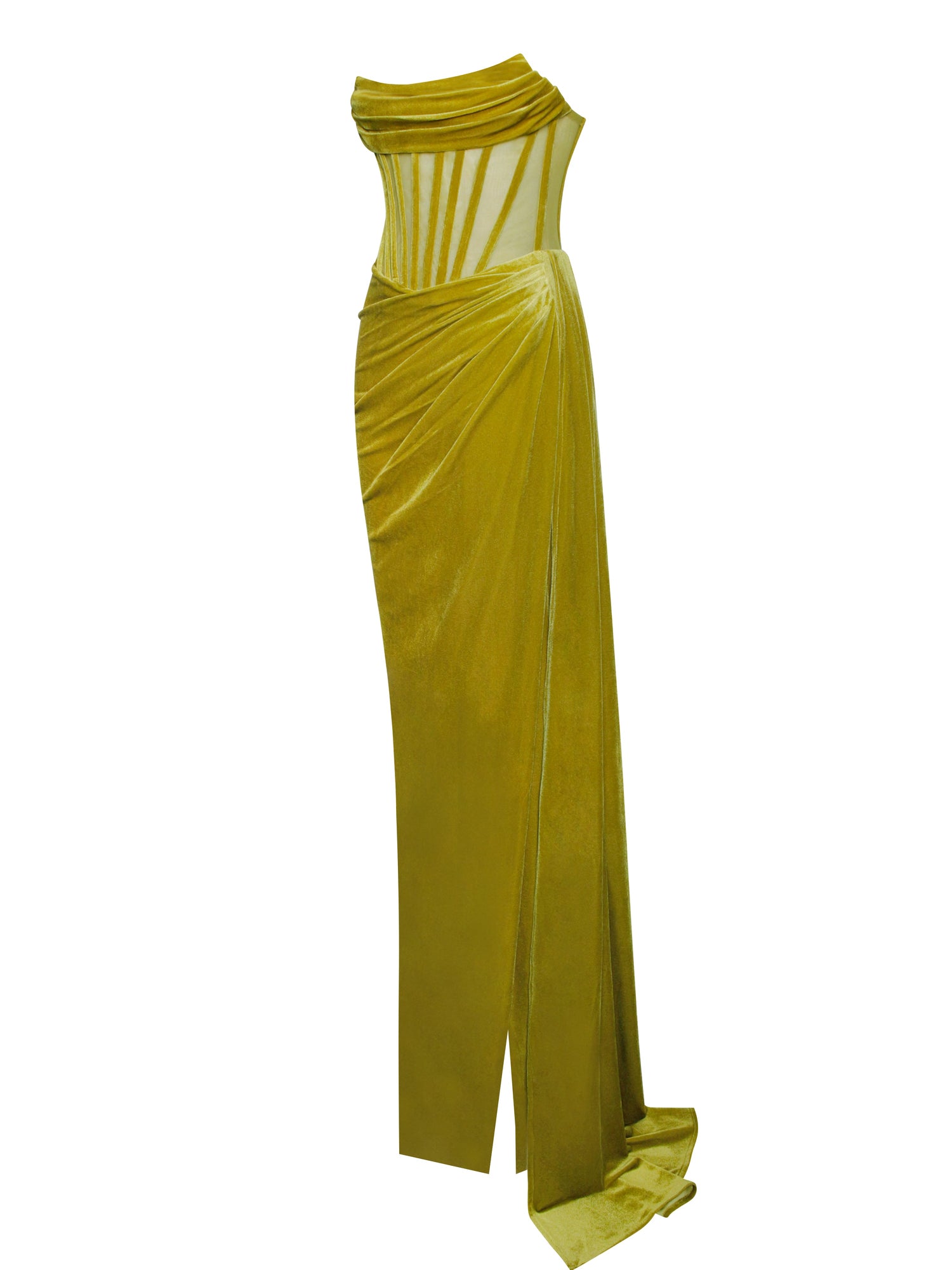 Priya Draping Corset High Slit Velvet Gown | Gold