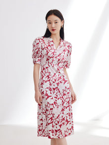Silk Printed Waist-Cinched Dress | Red