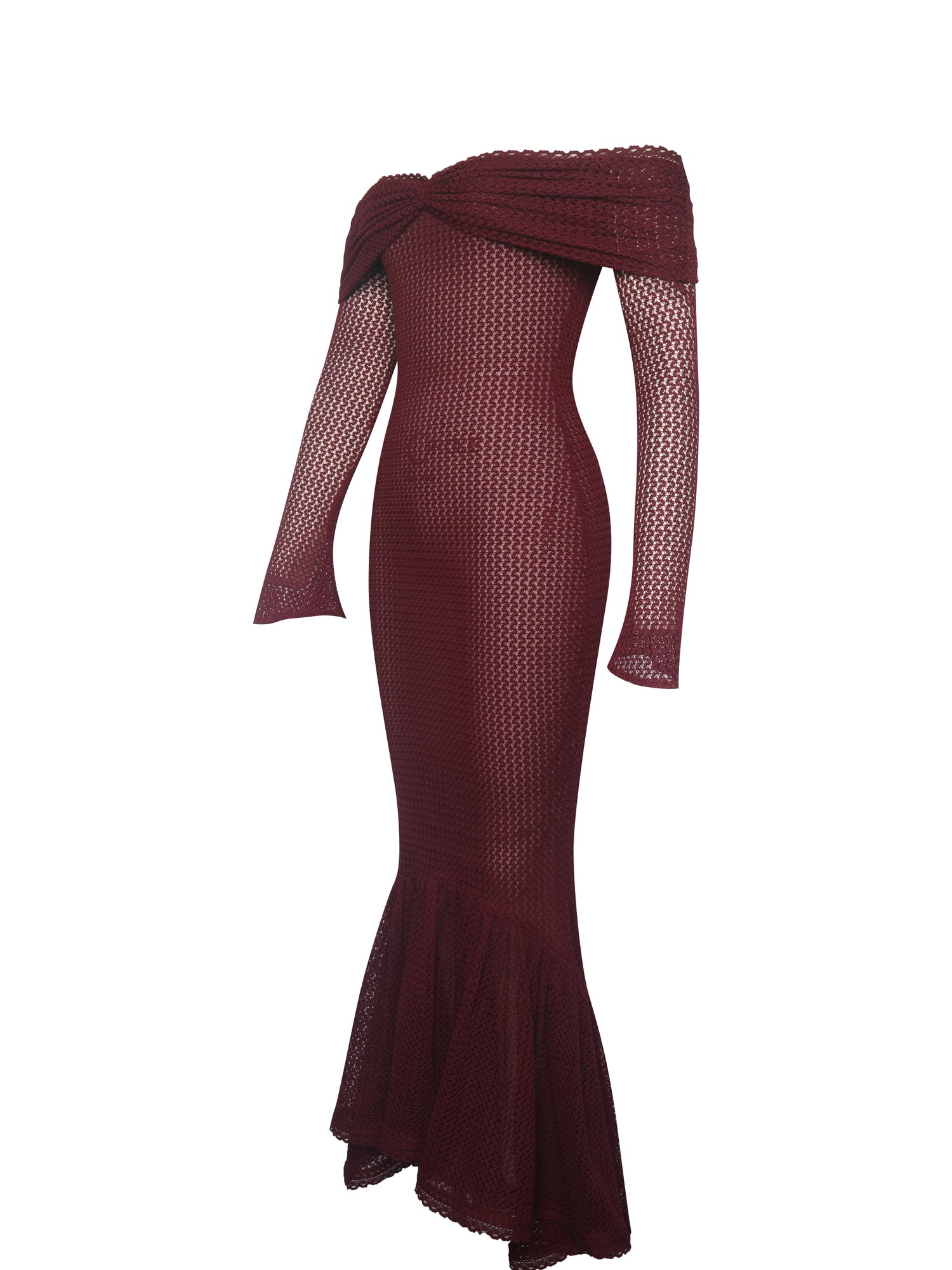 Kaedyn Off Shoulder Long Sleeve Crochet Mermaid Maxi Dress | Burgundy