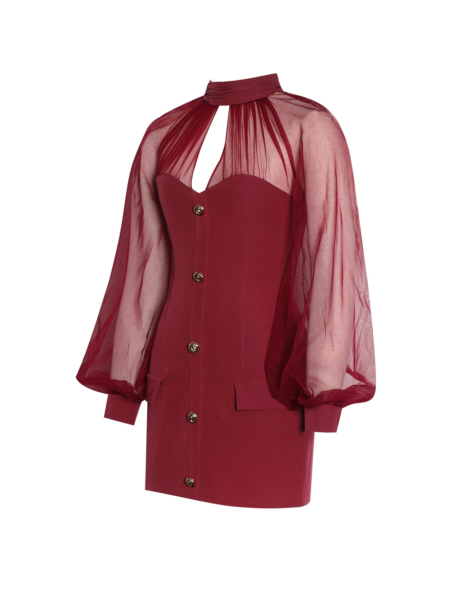 Tabitha Mesh Lantern Sleeve Mini Dress | Burgundy