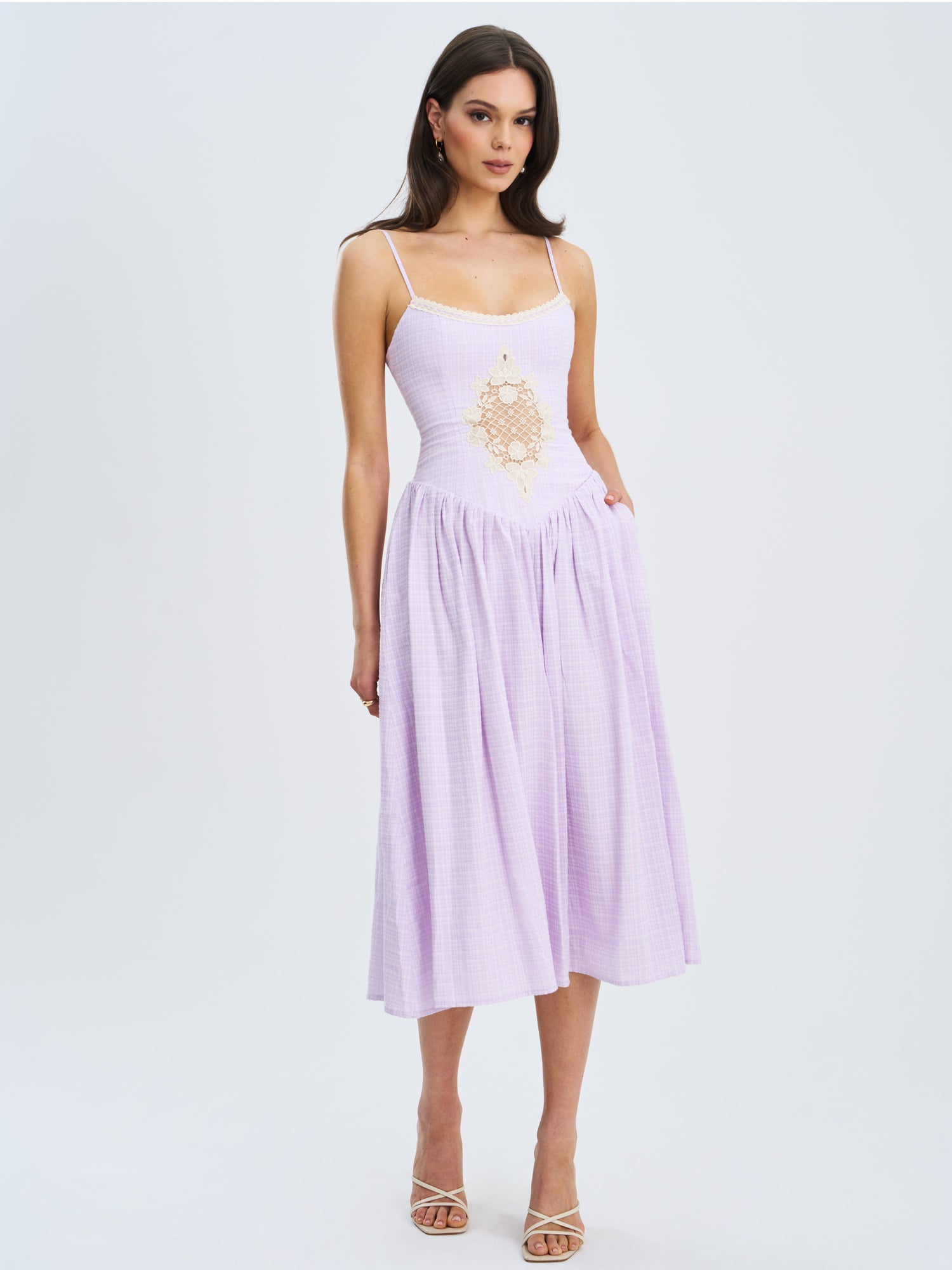Jaclyn Lace Trim Cutout Seersucker Midi Dress | Lavender