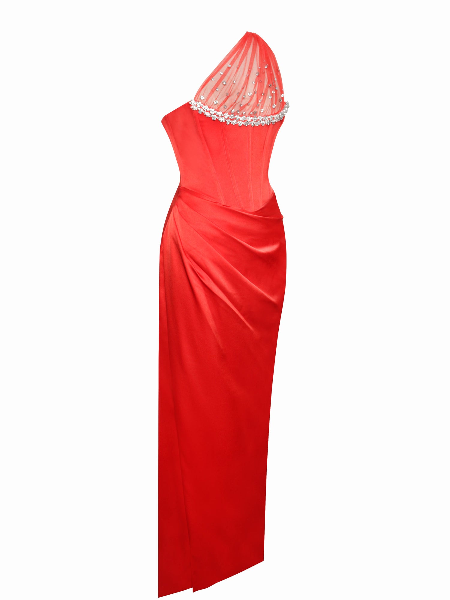 Lora Crystal Embellished Mesh Satin Corset Gown | Scarlet