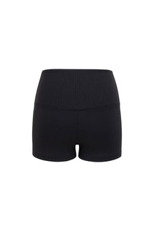 Black ribbed micro shorts with high waistband and fitted silhouette.
