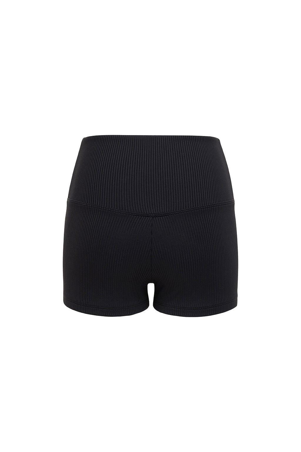 Black ribbed micro shorts with high waistband and fitted silhouette.