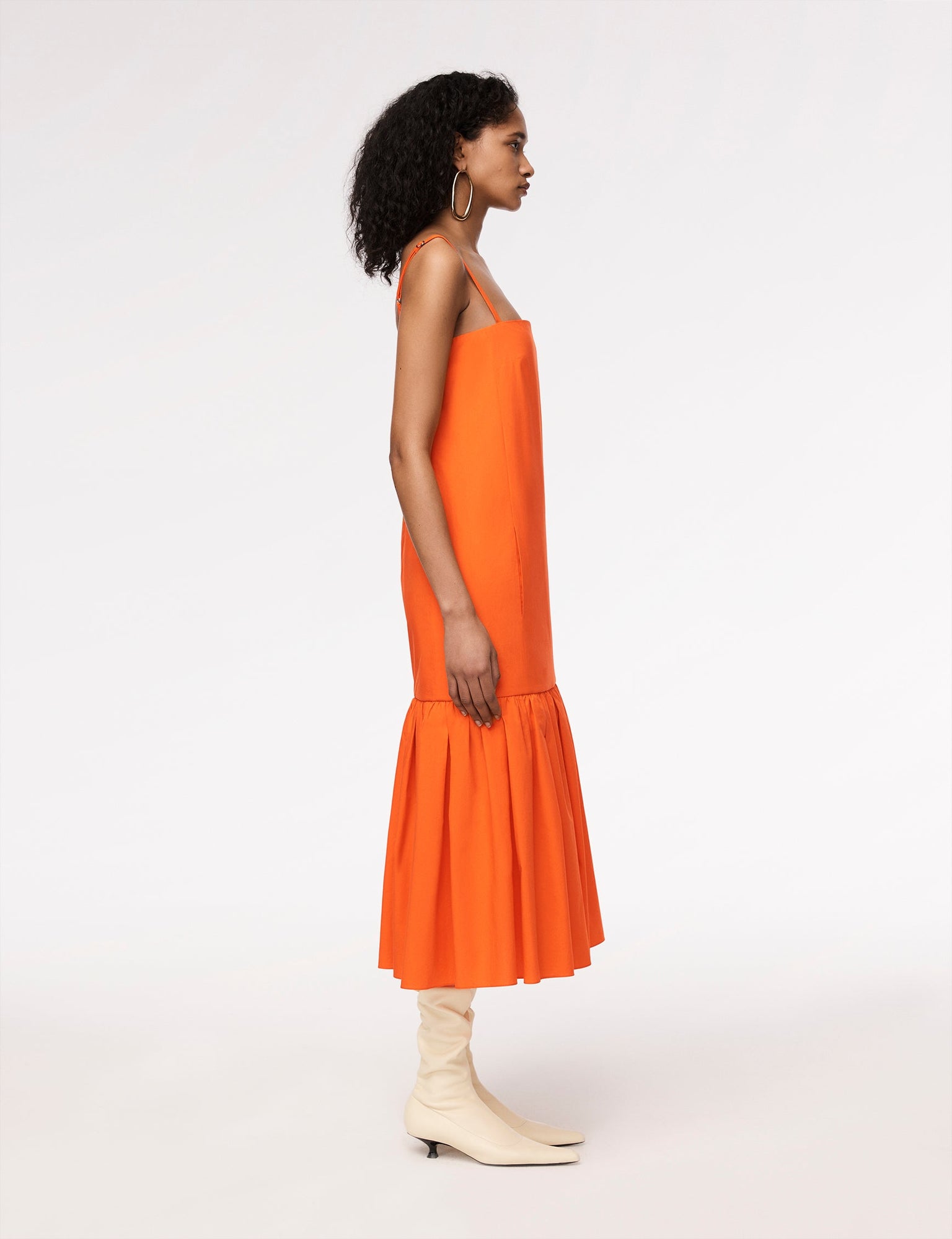 Another Tomorrow Gathered Flounce Dress in Tangerine – Cotton Women's Dress