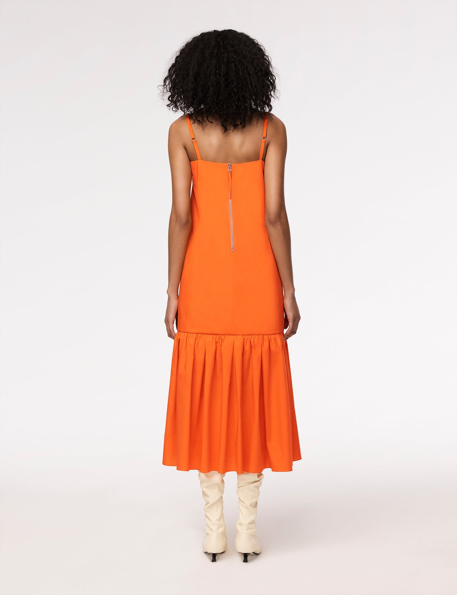 Another Tomorrow Gathered Flounce Dress in Tangerine – Cotton Women's Dress
