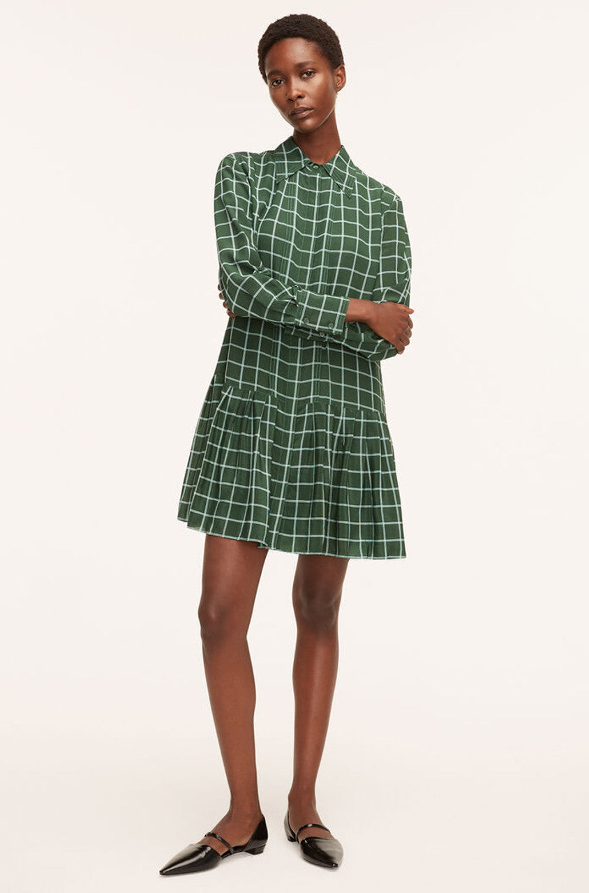 Windowpane Silk Pleated Shirt Dress | Windowpane Jasper Green Combo